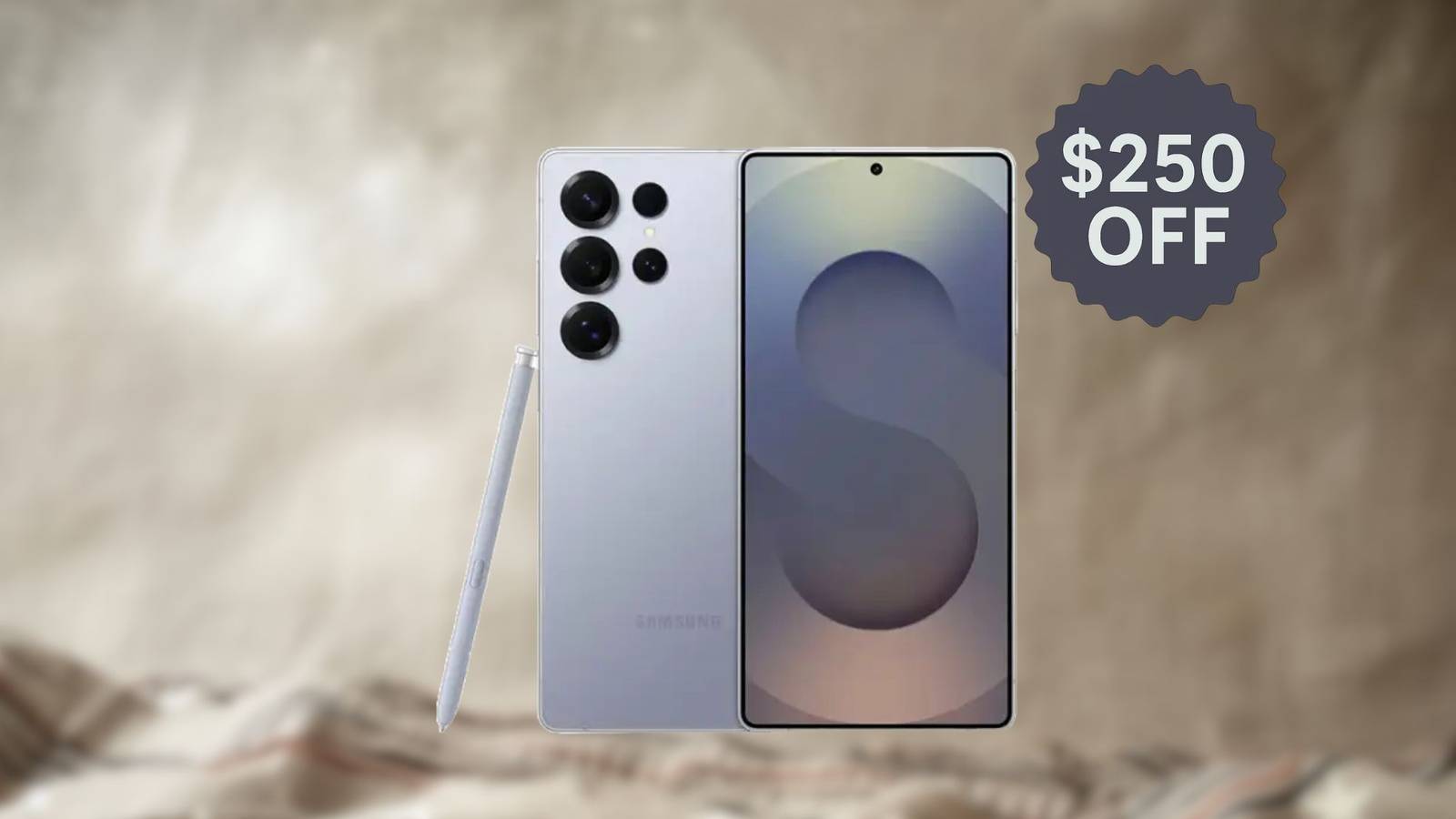 Image of an S25 Ultra on a desert background.