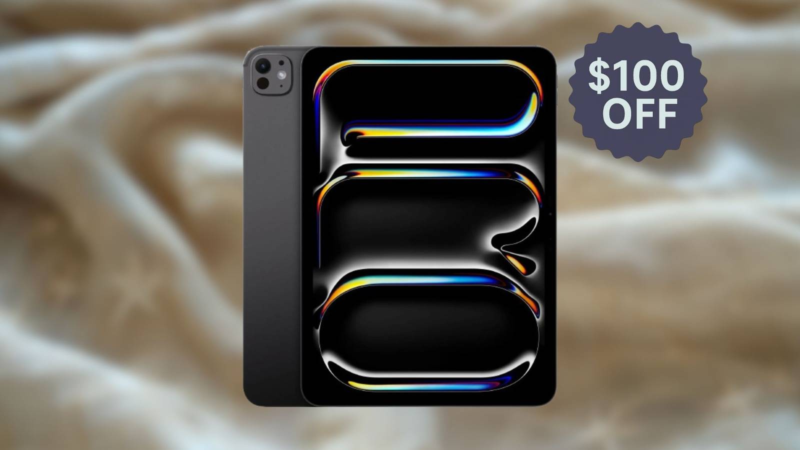 Image of the iPad m4 on a white background with a tag that says $100 off. 