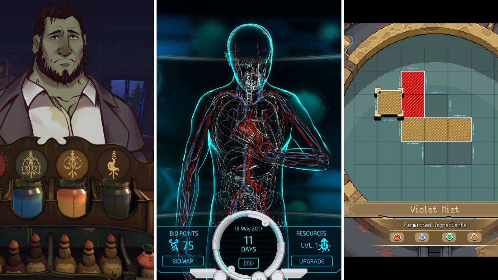 A grid of the three medical simulators Do No Harm, Bio Inc. Redemption, and Potion Permit