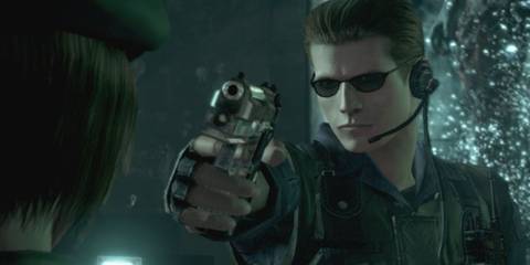Albert Wesker aiming his gun at someone in Resident Evil