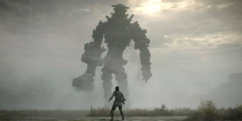 Wander facing a colossus in Shadow of the Colossus