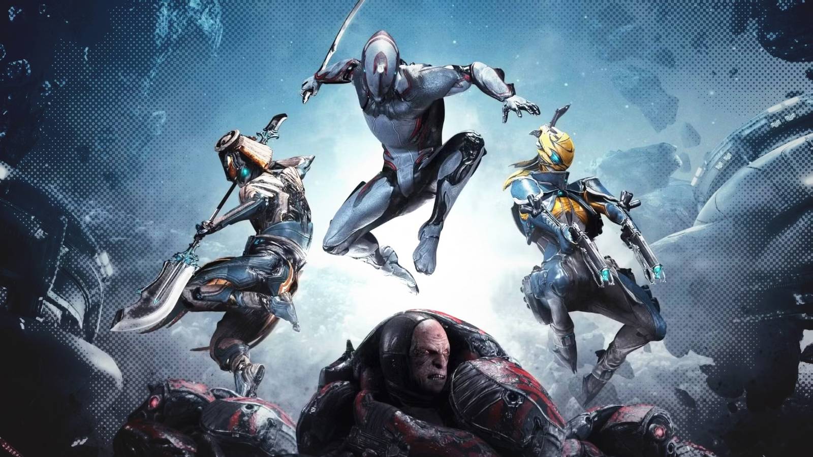 Warframe three warframes leaping over enemies 2x1 composite dot halftone effect