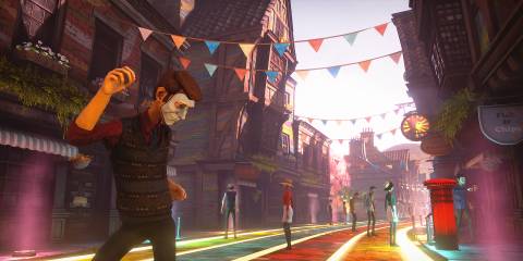 A smiling citizen dances on a rainbow street in We Happy Few 