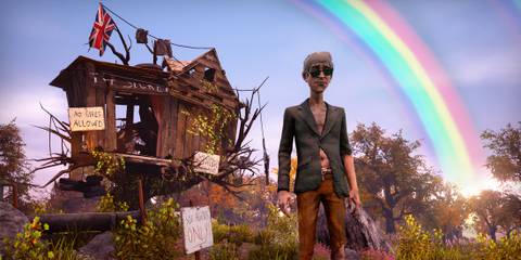 A wastrel in scruffy clothing stands before a broken treehouse framed by a rainbow-1