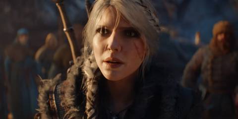A screenshot of Ciri near a crowd of people in The Witcher 4.