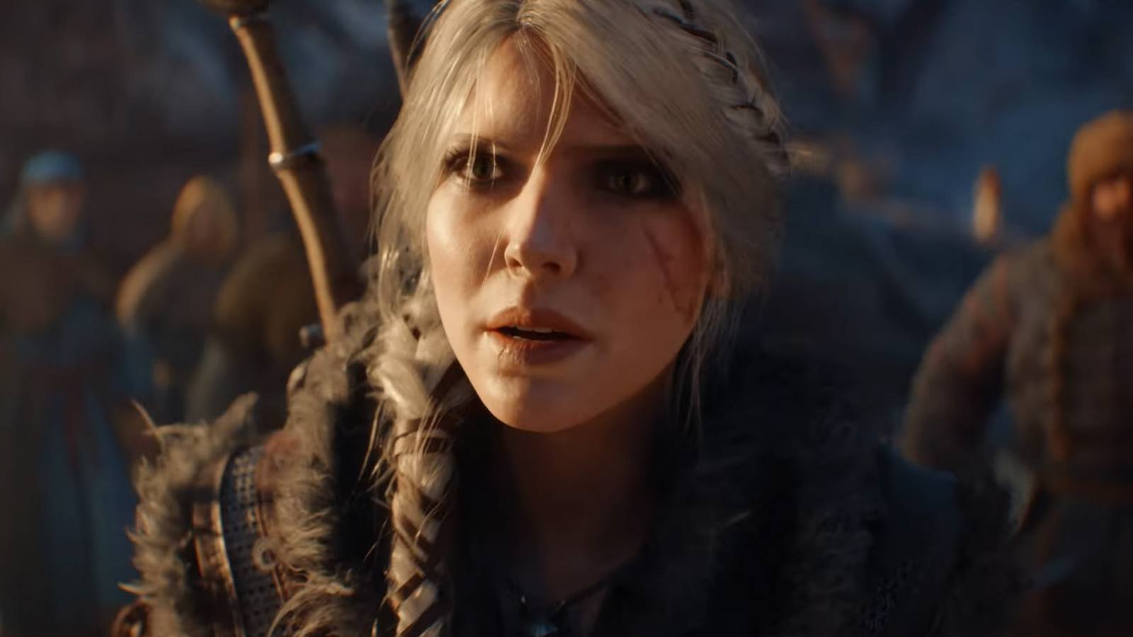 A screenshot of Ciri near a crowd of people in The Witcher 4.