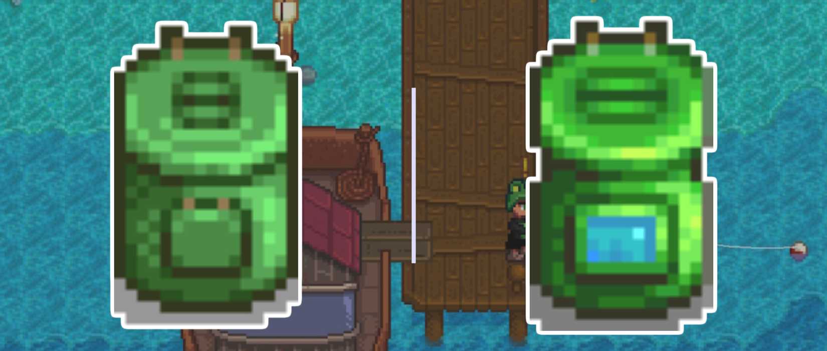 the two types of worm bins in stardew valley, superimposed over a picture of the player fishing on the ginger island dock