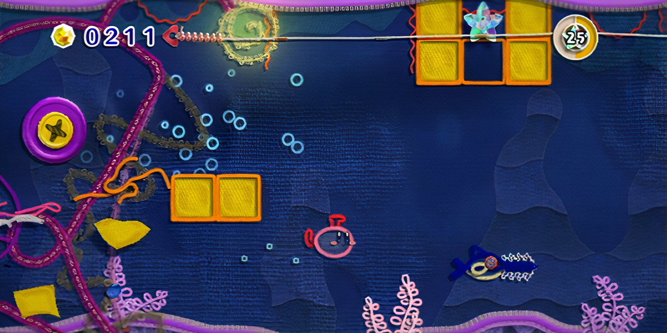 Kirby as a submarine in Kirby's Epic Yarn