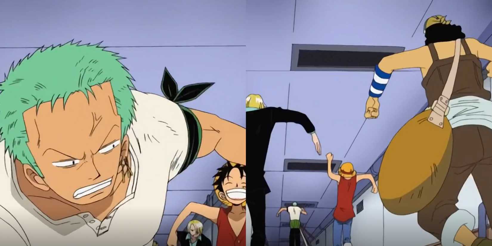 Zoro, Luffy, Sanji, Usopp running One Piece