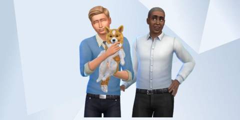 An image of Captain Holt, Kevin and Cheddar from Brooklyn Nine-Nine recreated in The Sims 4