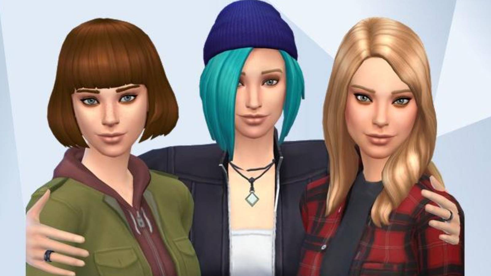 An image of Chloe, Max and Rachel from Life is Strange recreated in The Sims 4