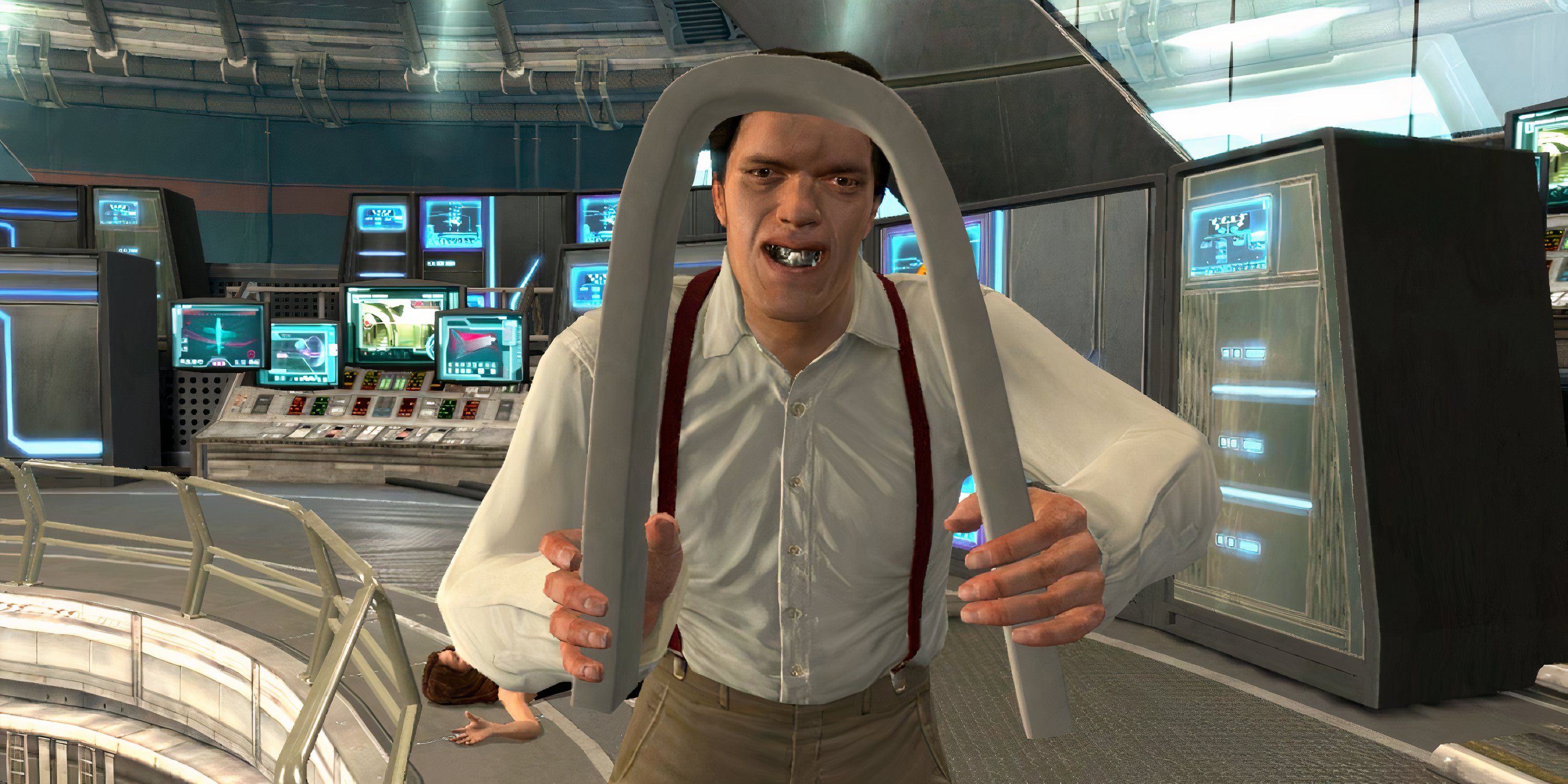 Jaws bending a metal bar in the Moonraker chapter of 007 Legends