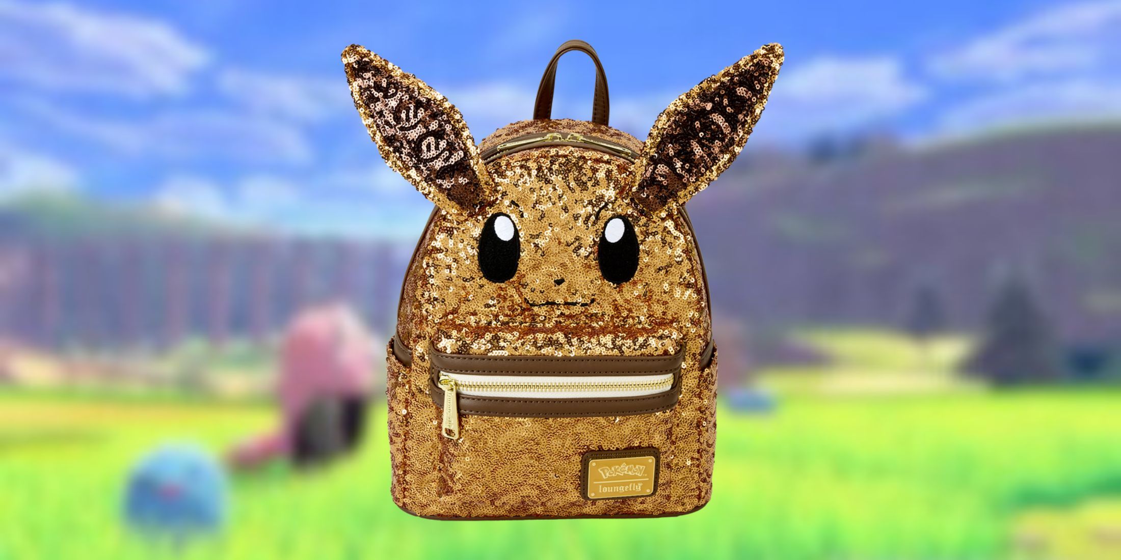 Bild des Loungfly Eevee -Rucksacks auf dem pokemon -themenübergreifenden Hintergrund.