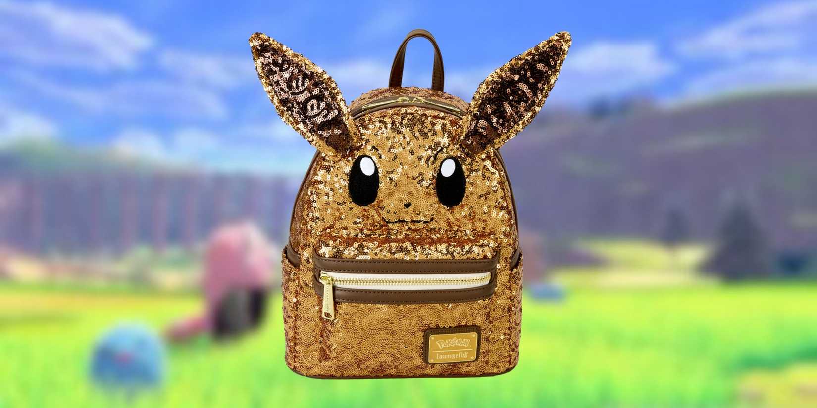 Image of the Loungefly Eevee backpack on the pokemon themed background.