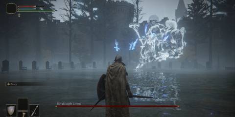 Elden Ring Royal Knight Loretta with glintstone blades flying towards player