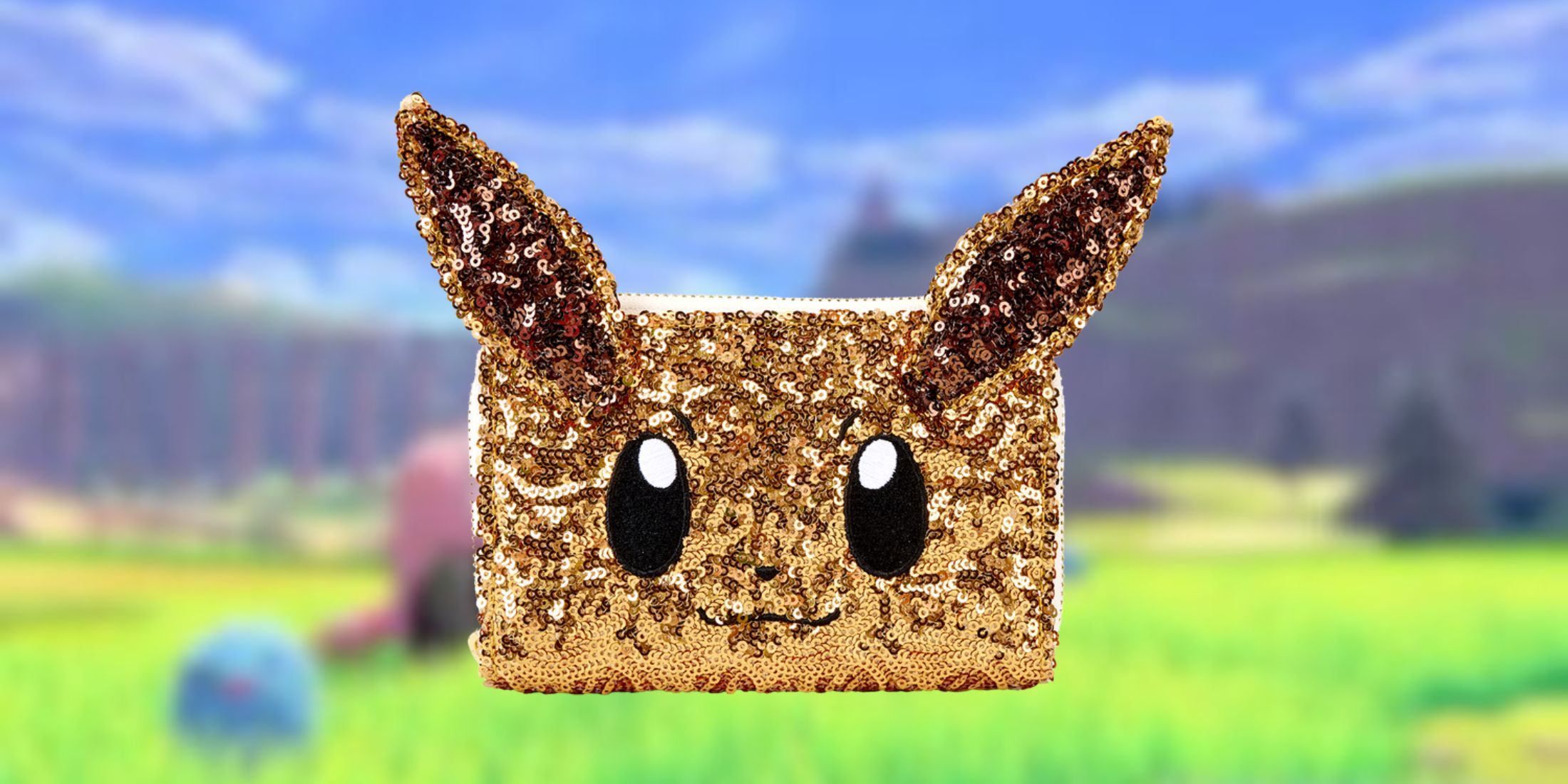 Bild einer louney Eevee -Brieftasche auf einem pokemon -thematischen Hintergrund.