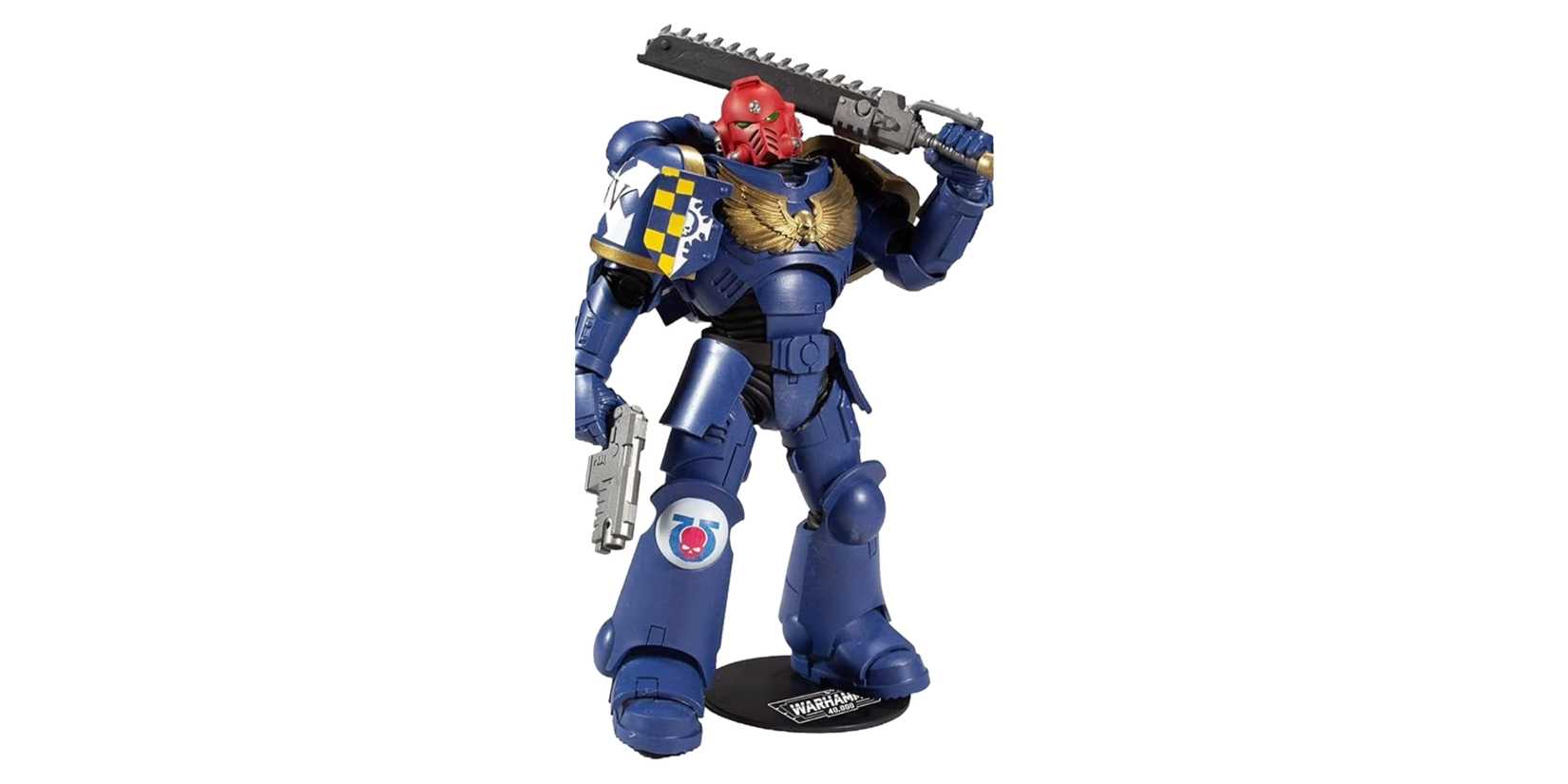 image of Ultramarines Primaris Assault Intercessor on a white background.