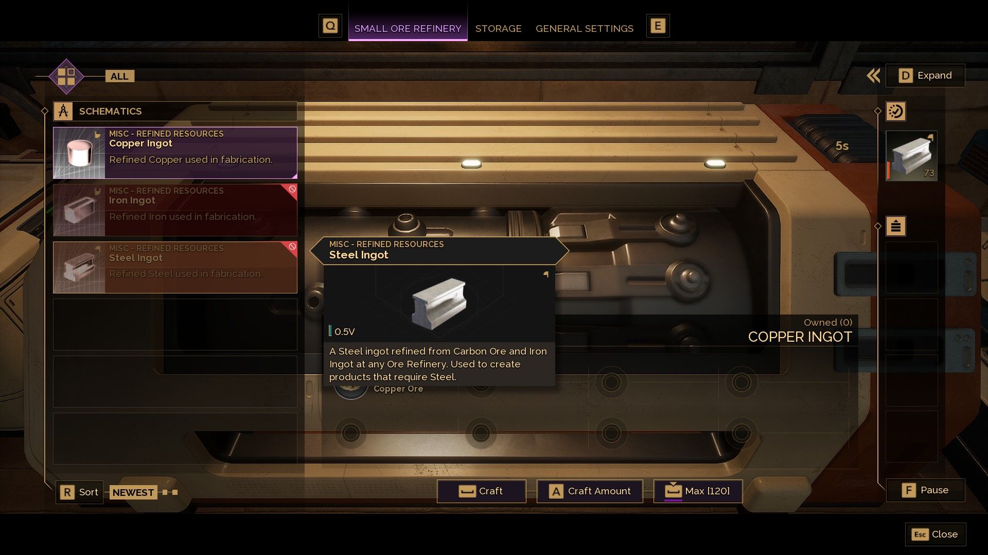Dune: Awakening Steel Ingot crafting menu