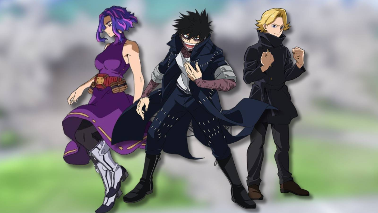 A single-image collage of 3 My Hero Academia characters who betrayed others: Lady Nagant, Yuga Aoyama and Dabi.