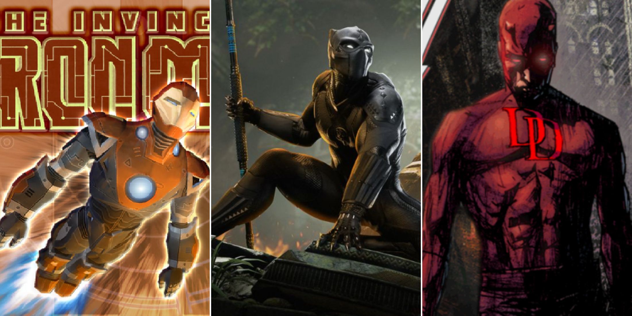 A collage of characters from canceled Marvel superhero video games: Iron Man, Black Panther and Daredevil.