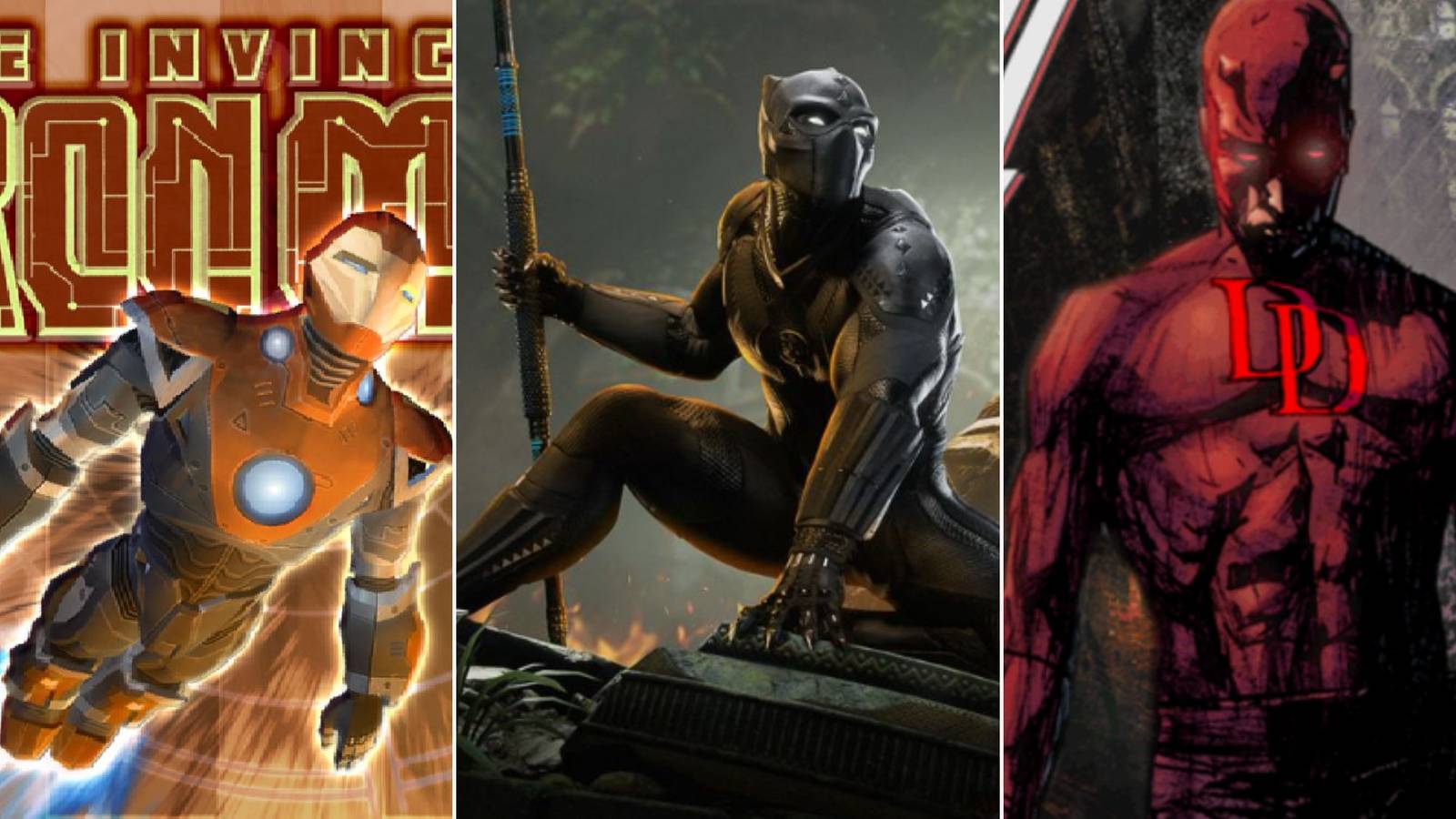 A collage of characters from canceled Marvel superhero video games: Iron Man, Black Panther and Daredevil.