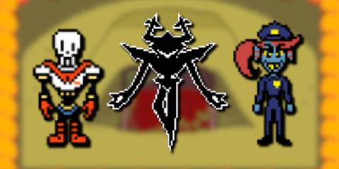A collage of three important Deltarune characters that have mysteries sorrounding them: Papyrus, the Roaring Knight and Undyne.