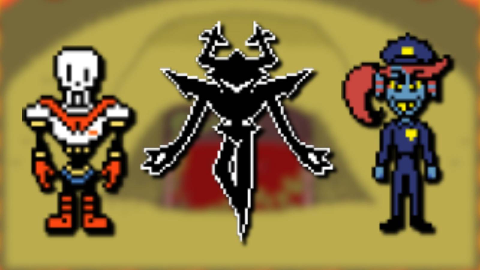 A collage of three important Deltarune characters that have mysteries sorrounding them: Papyrus, the Roaring Knight and Undyne.