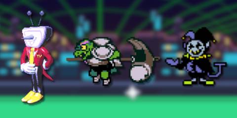 A collage of three hard Deltarune bosses: Mr. Ant Tenna, Hammer of Justice and Jevil