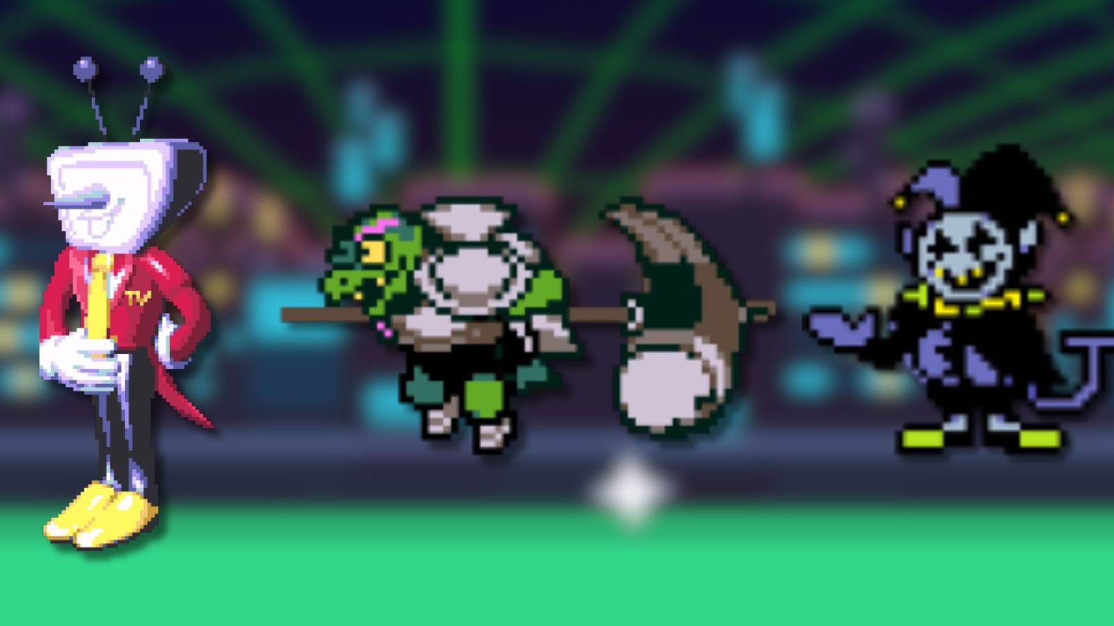 A collage of three hard Deltarune bosses: Mr. Ant Tenna, Hammer of Justice and Jevil