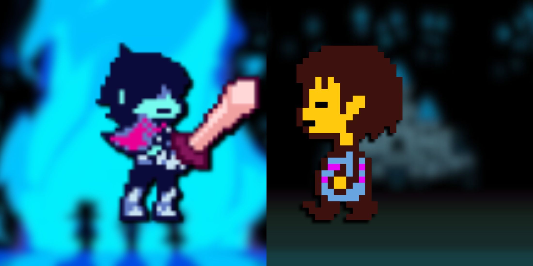 A collage of Kris, the main character of Deltarune, facing off against Frisk, the main character of Undertale.