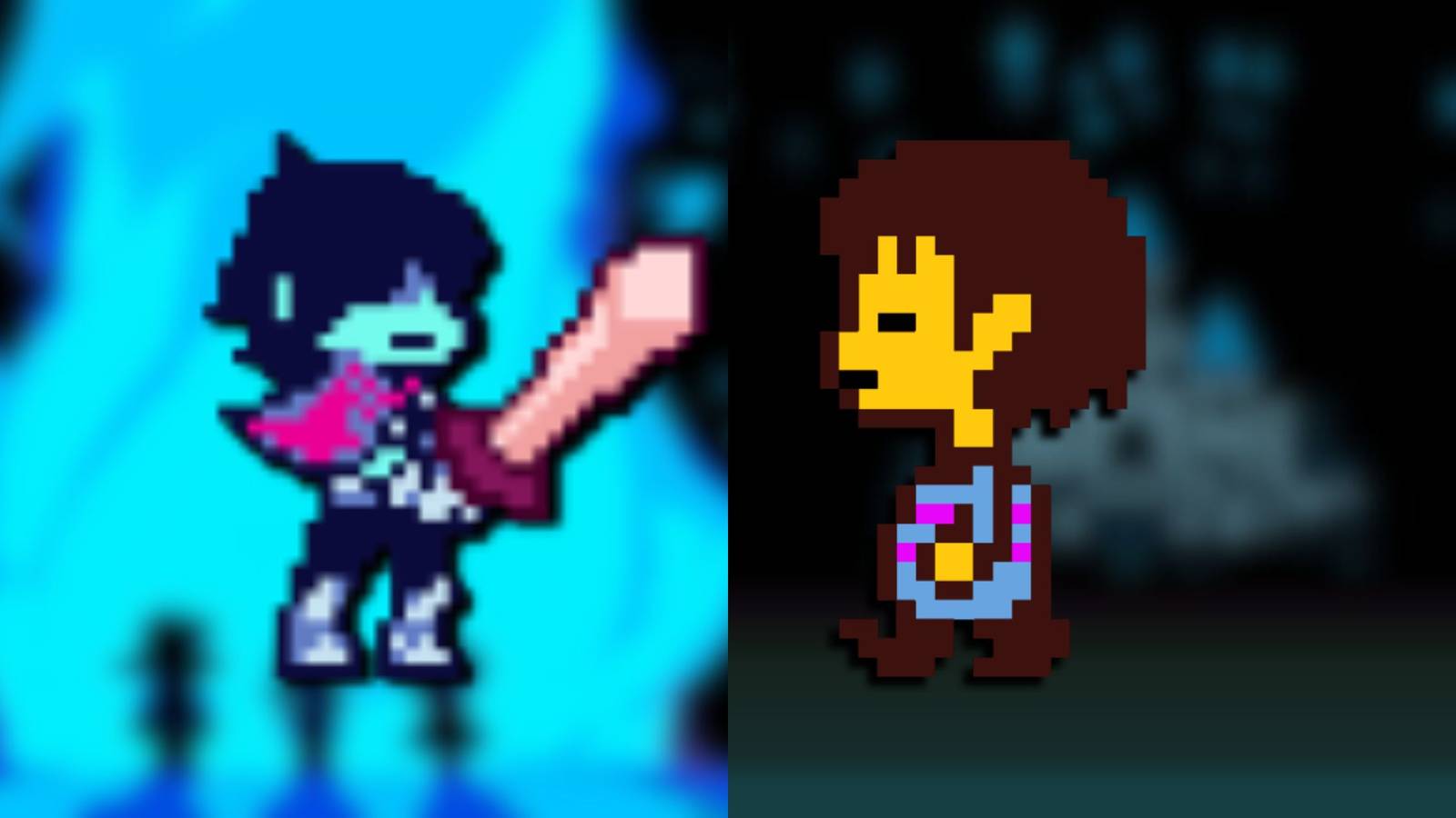 A collage of Kris, the main character of Deltarune, facing off against Frisk, the main character of Undertale.