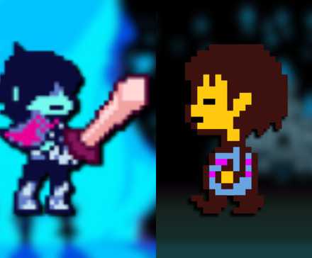 A collage of Kris, the main character of Deltarune, facing off against Frisk, the main character of Undertale.