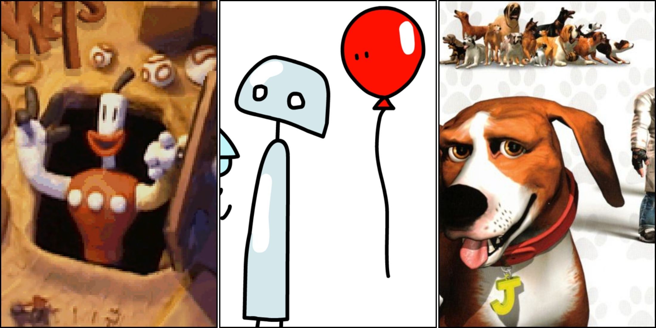 A collage of three weird and forgotten Playstation exclusive games: Skullmonkeys, Doki-Doki Universe and Dog's Life.