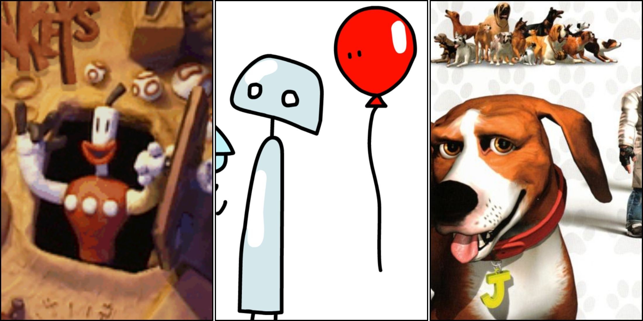 A collage of three weird and forgotten Playstation exclusive games: Skullmonkeys, Doki-Doki Universe and Dog's Life.