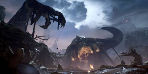 A desolate, apocalyptic landscape with a massive demon skull structure under a cloudy sky in Doom (2016) on Switch