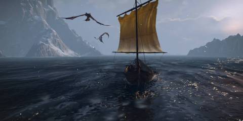 A small sailboat travels across stormy waters while two wyverns fly overhead in The Witcher 3 on Nintendo Switch