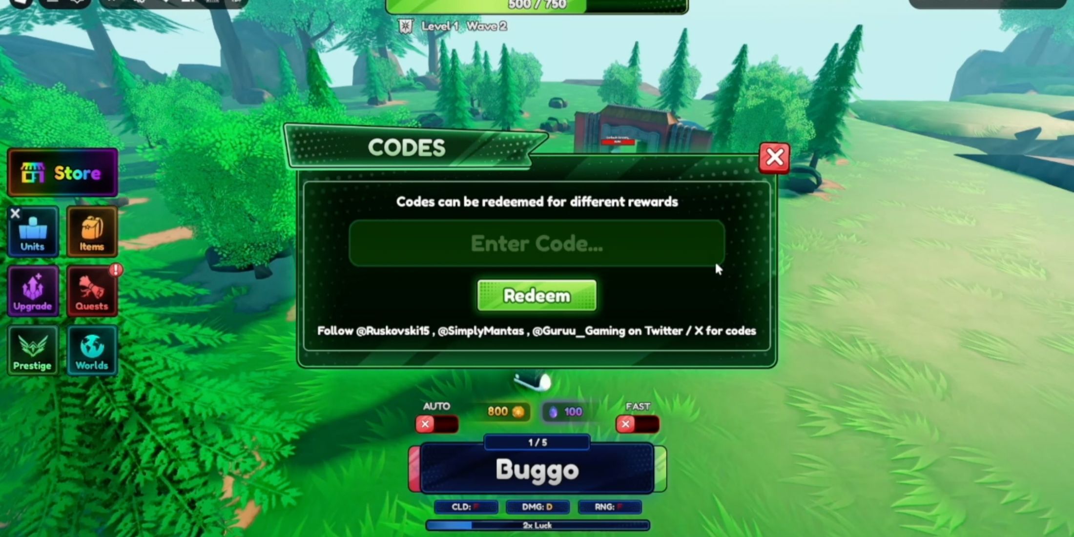 Anime Defense RNG the codes tab