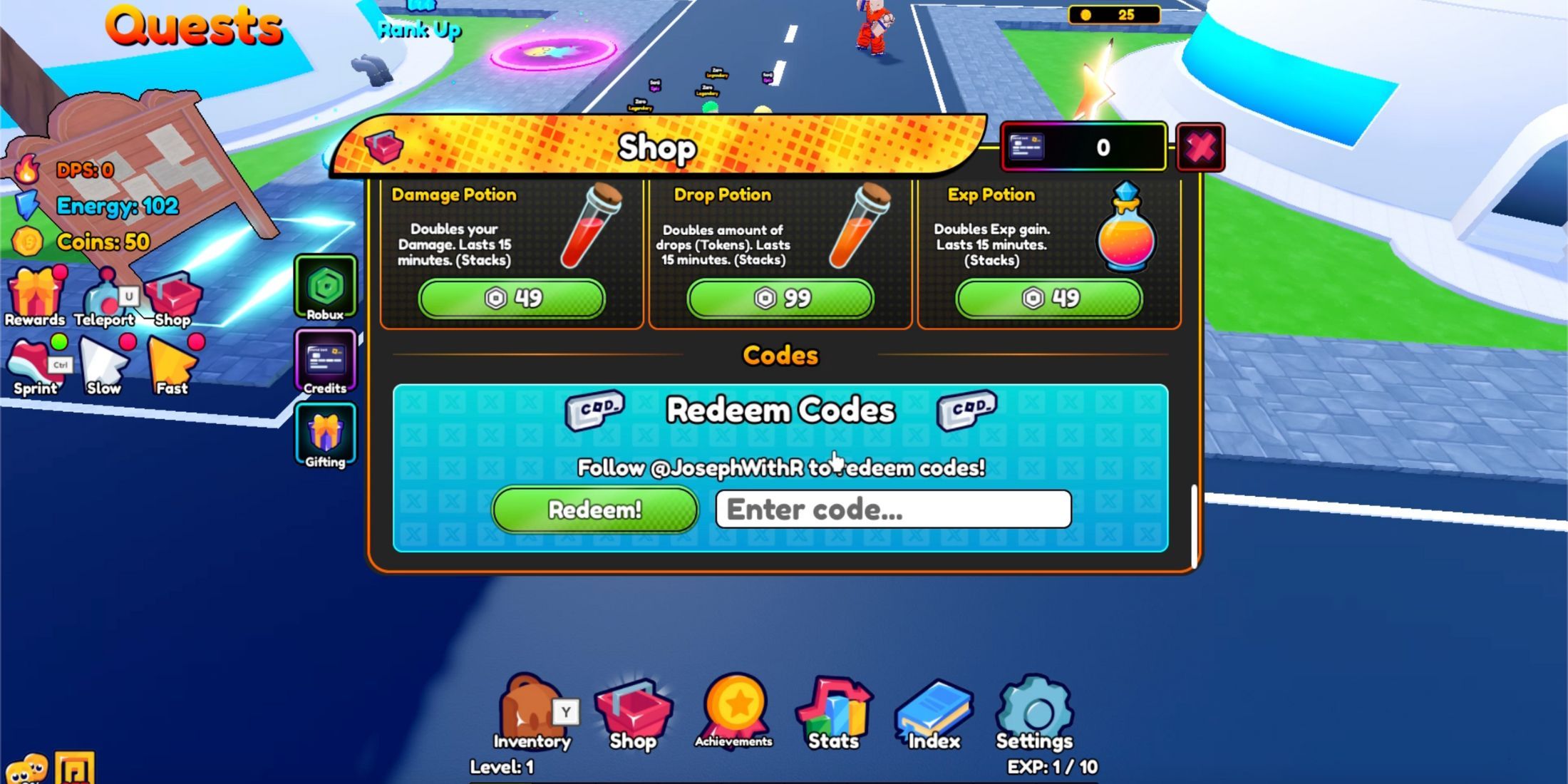 Anime Eternal the codes tab