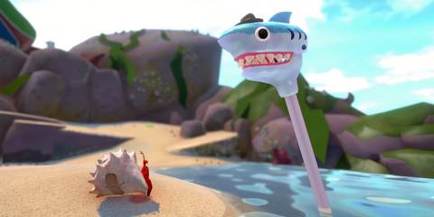 Kril talking a a shark puppet in Another Crab's Treasure