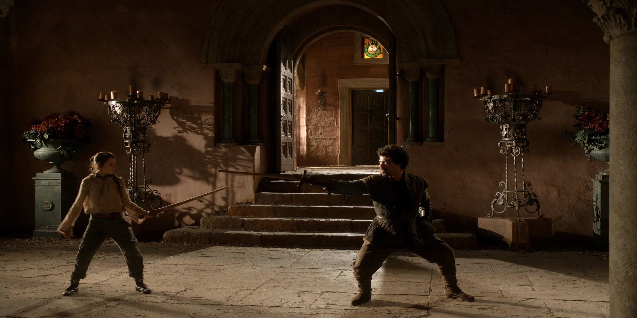 Arya Stark sword fighting against her teacher Syrio Forel in Game of Thrones