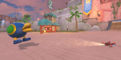 Banana Cup Mario Kart World Toad approaching Yoshi's at Peach Beach