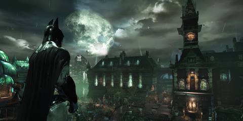 Batman looking out at Arkham Island in Batman: Arkham Asylum