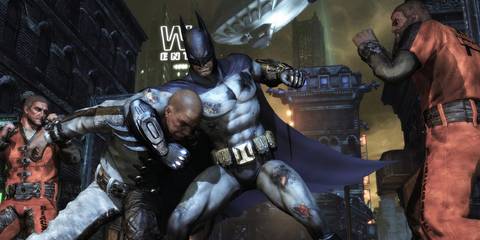 Batman fighting a group of inmates in Batman: Arkham City