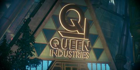 Queen Industries entrance in Batman: Arkham Knight