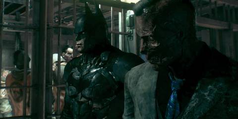 Batman escorting Two-Face to jail in Batman: Arkham Knight