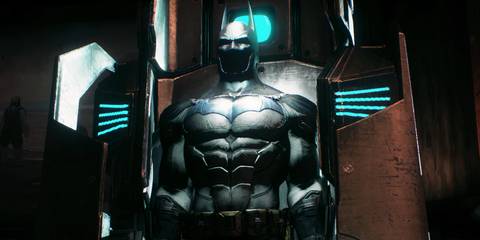 The alternate Batsuit stored in Wayne Tower in Batman: Arkham Knight