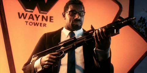 Lucius Fox with the Disruptor in Batman: Arkham Knight