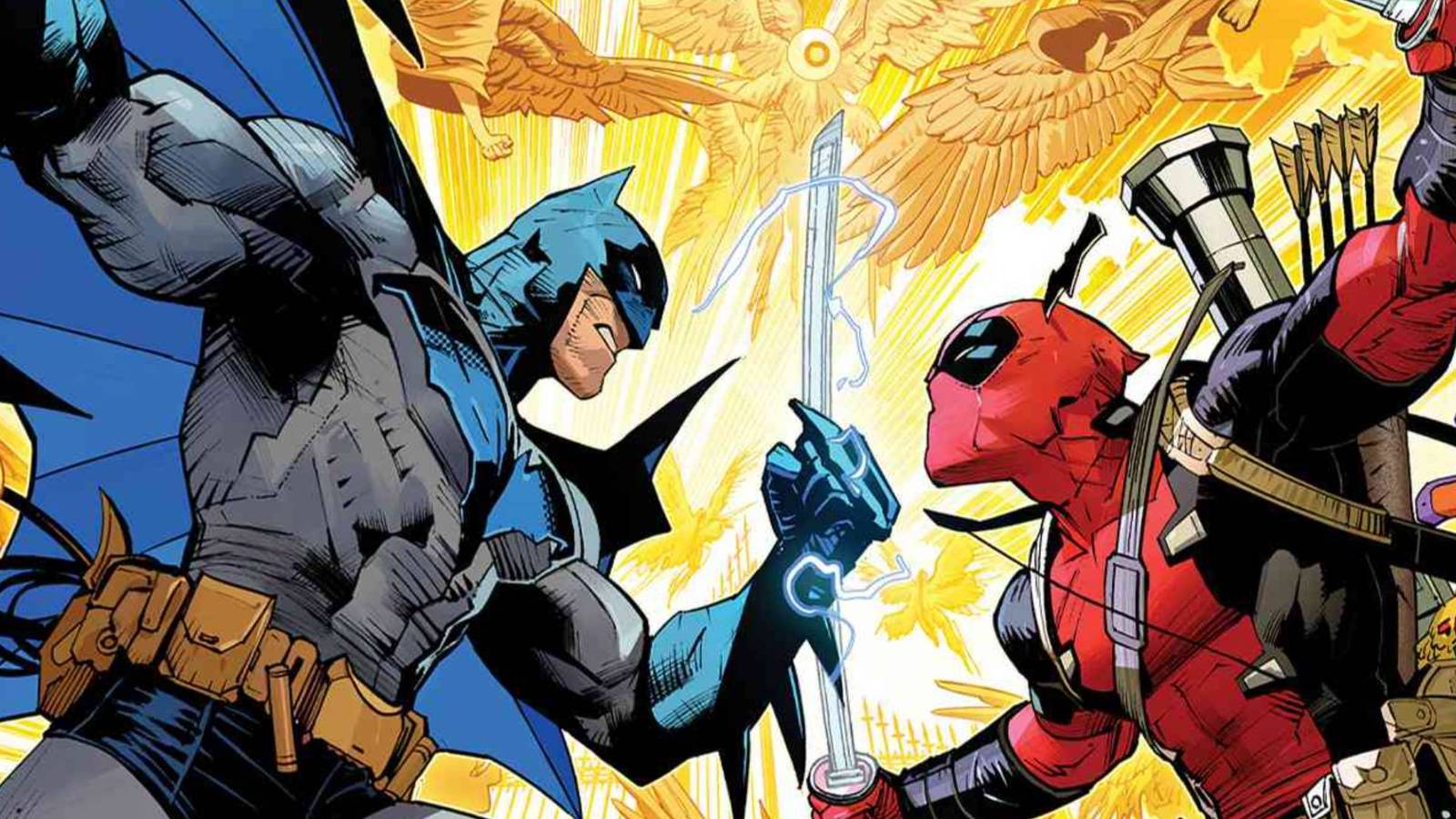 Close up image of the cover art of the Batman/Deadpool comic
