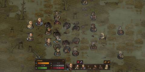 Player fighting group of undead soldiers in a swamp