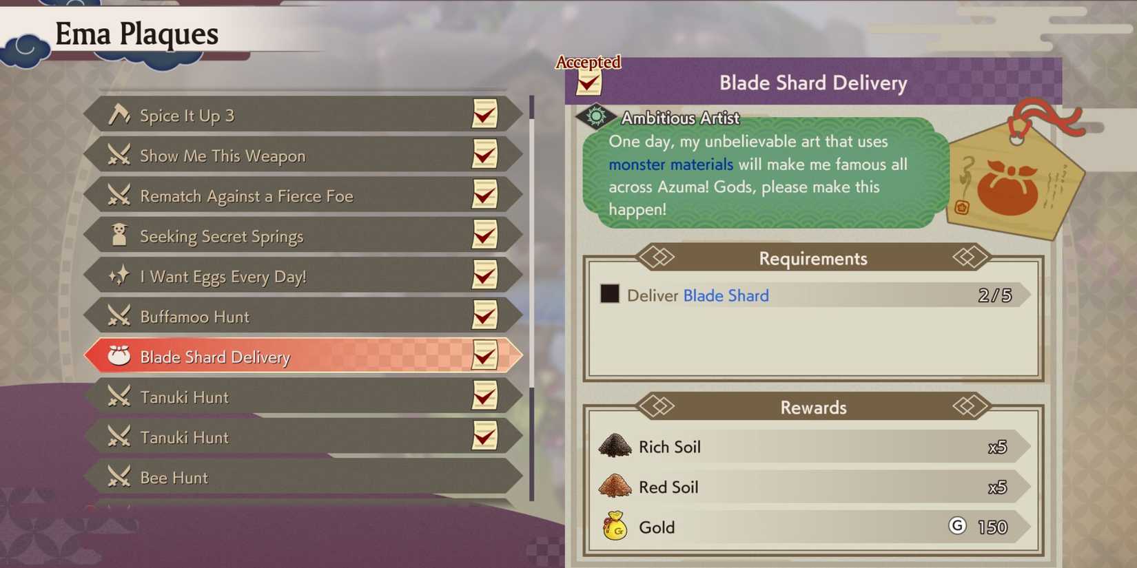 Blade Shard delivery Ema Quest in Rune Factory Guardians of Azuma